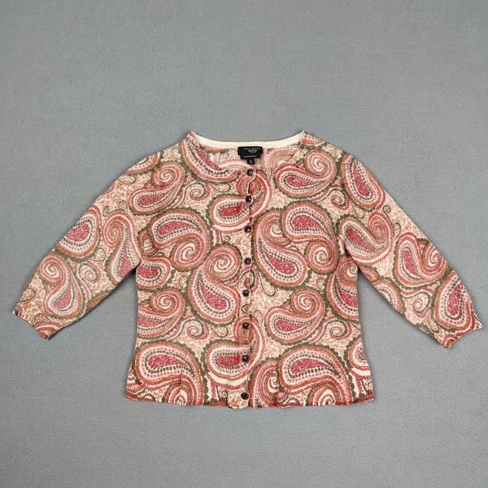 Talbots Merino Wool Paisley Cropped Sweater Shirt *XXS Rose Pink Button Up Soft